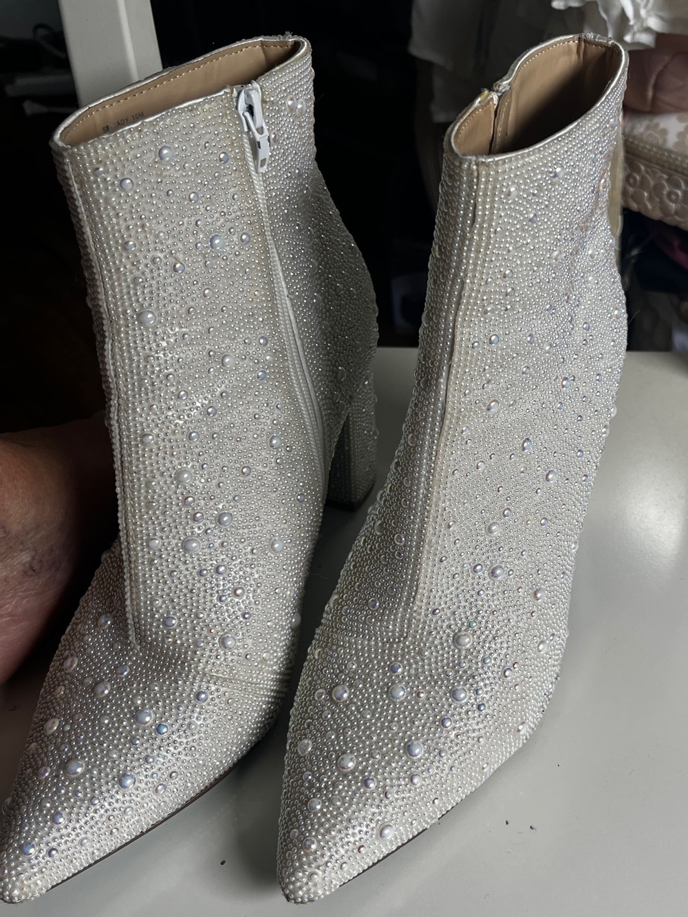 Betsey Johnson Iridescent Pearl & Crystal Pointed Ankle Boots in White